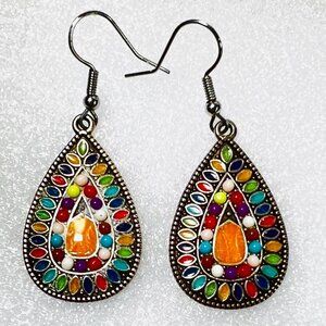 Boho Cloisonne Mosaic 2"X .8" Dangle Chandelier Multicolor Earrings Hook Clasp
